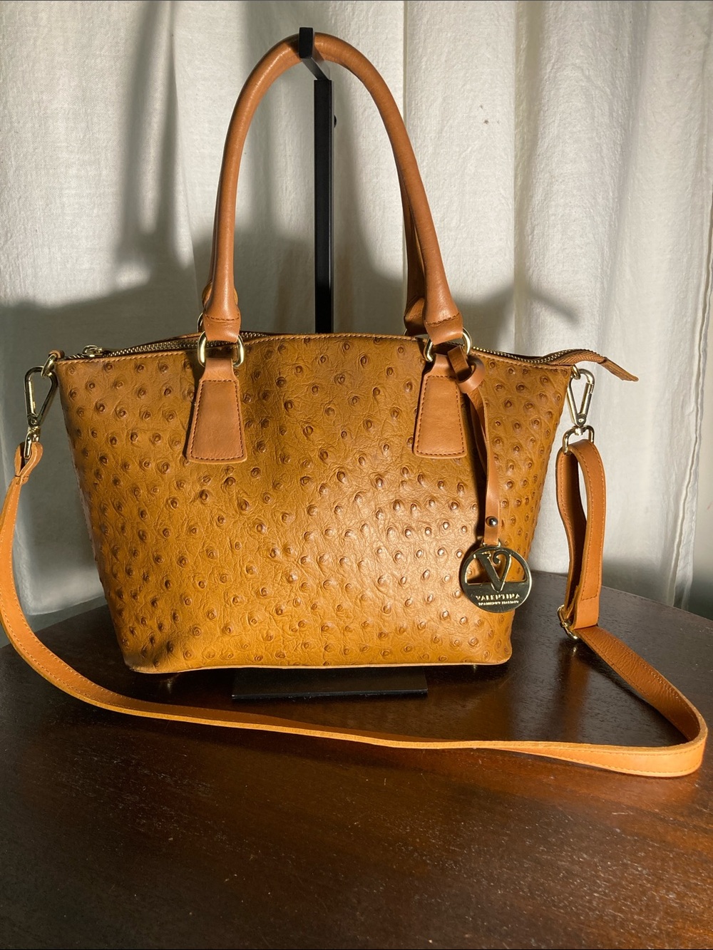Valentina Camel Ostrich-Textured Leather Shoulder Bag